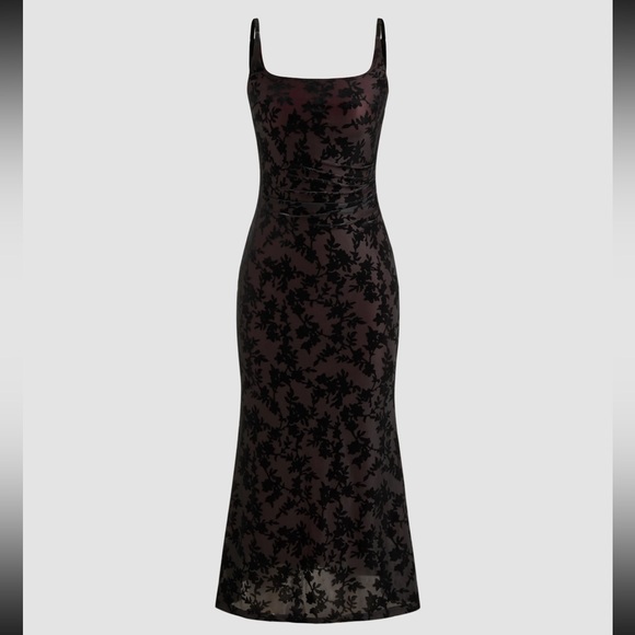 SQUARE NECK SOLID FLORAL RUCHED MAXI DRESS - Picture 1 of 4